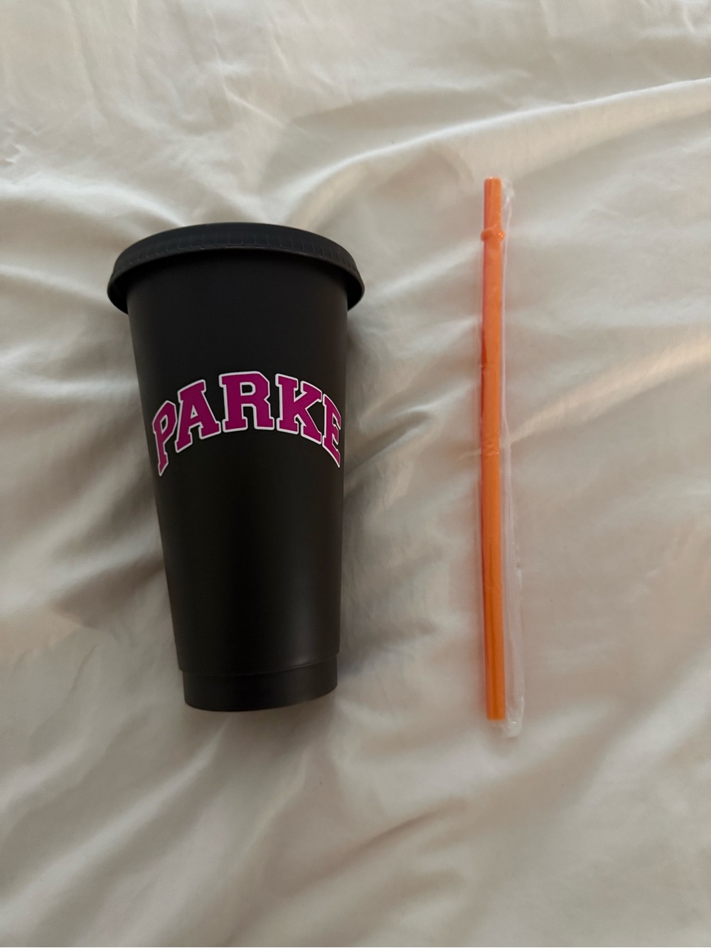 Matte Black Tumbler with Pink PARKE Logo & Orange Straw